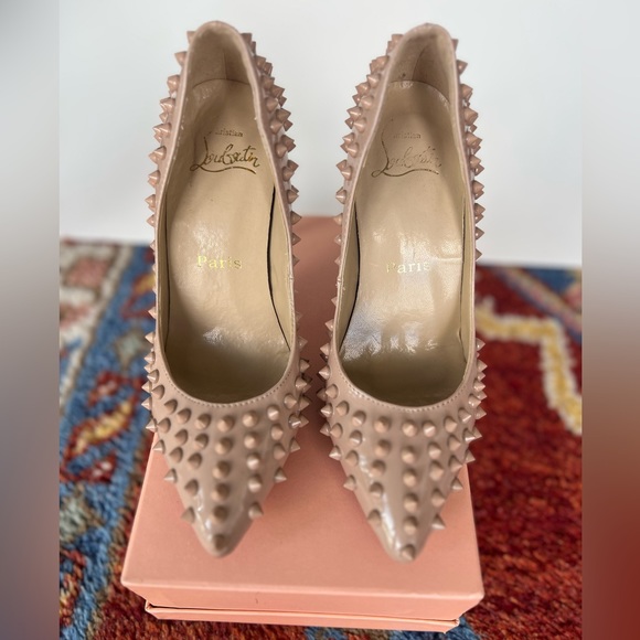 Christian Louboutin Pigalle Spikes Pointed Toe Pumps in Nude Patent Leather - Picture 8 of 9